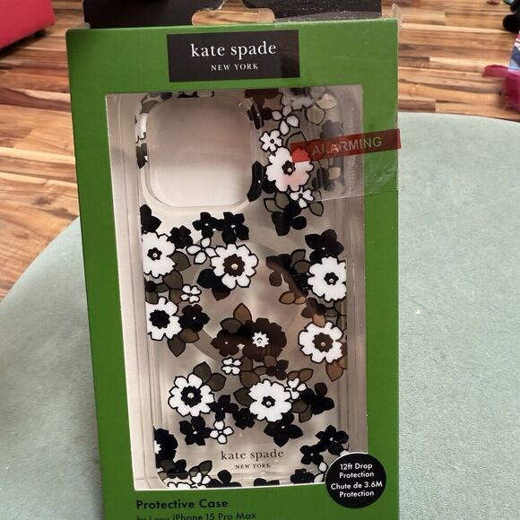 Kate Spade Protective Magsafe Case iPhone 15 Pro Max black Gold Silver Flowers - Picture 1 of 4